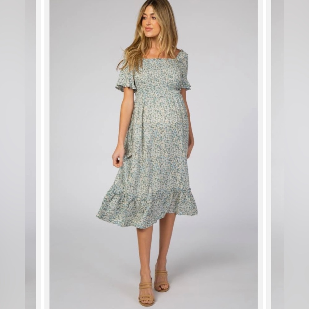 Pinkblush Light Blue Floral Ruffle Maternity Midi Dress